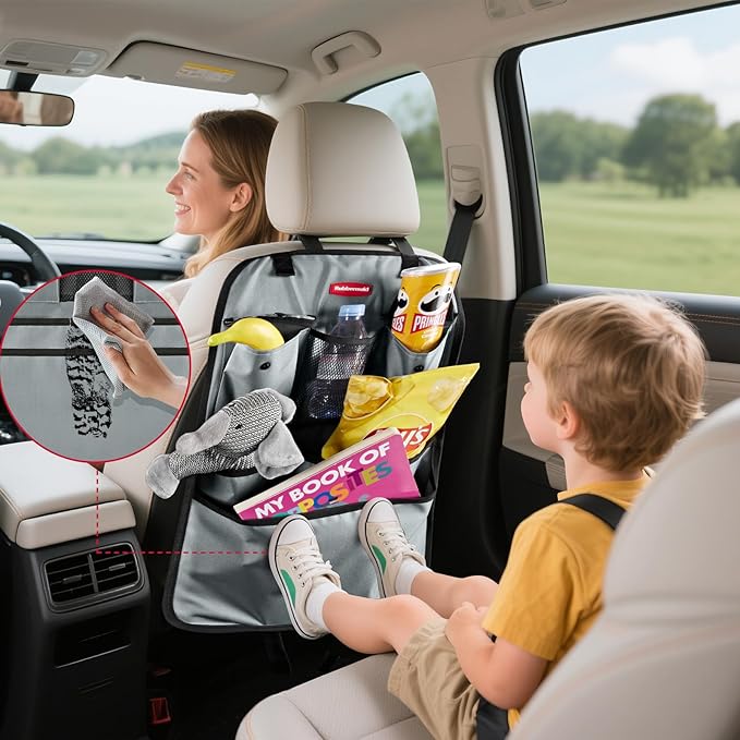 Rubbermaid Backseat Car Organizer, Kick Mats and Seat Back Protector, Car Organizer for Kids with 6 Storage Pockets, Travel Essentials for SUV, Truck, Car - 2 packs Gray