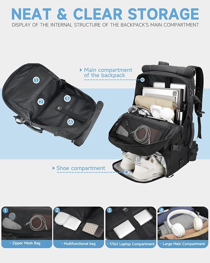 60L Convertible Carry On Backpack&Duffle Bag&Weekender Bag with 17" Padded Laptop Sleeve, USB Charging Port, Shoe Compartment for Men Women, Travel, Tactical, Gym, Hiking, Overnight Trips