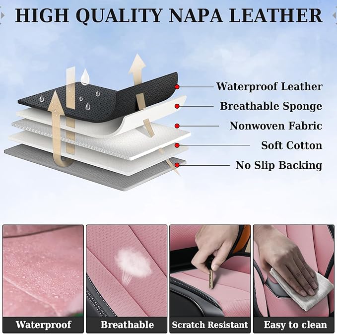 Coverado Universal Seat Covers Full Set, 5 Seats Universal Seat Covers for Cars, Waterproof Nappa Leather Car Seat Covers with Head Pillow, Auto Protectors Fit for Most Pick-up Truck, Black&Pink