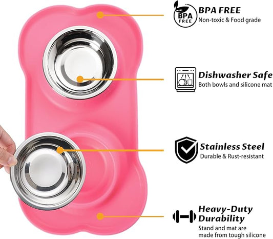 Hubulk Pet Dog Bowls 2 Stainless Steel Dog Bowl with No Spill Non-Skid Silicone Mat + Pet Food Scoop Water and Food Feeder Bowls for Feeding Small Medium Large Dogs Cats Puppies (Extra Large, Pink)