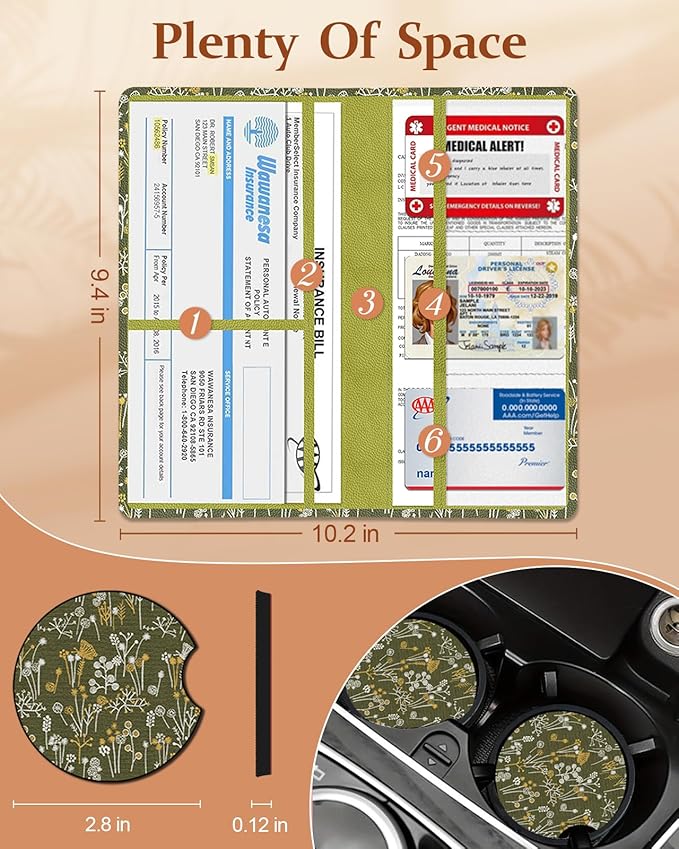 Slohif Car Registration and Insurance Card Holder - Vehicle Glove Box Organizer Women with Magnetic Shut Leather Automobile License Holders Coasters Auto Accessories Case for Document,Green