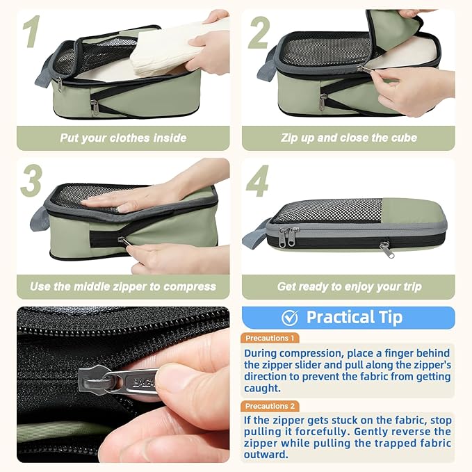 BAGAIL 4 Set/6 Set/8 Set Compression Packing Cubes Travel Accessories Expandable Packing Organizers (Half Mesh, 6-Matcha Green)