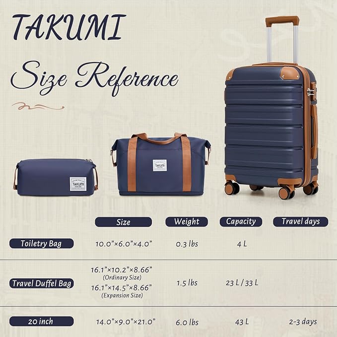 TAKUMI Carry On Luggage Set 3 Piece ABS+PC Hardshell Suitcases with Duffel Bag Double Spinner Wheels Travel Luggage with TSA Lock Lightweight Suitcase Set(NAVY, 3 PIECE SET(20/DB/TB))