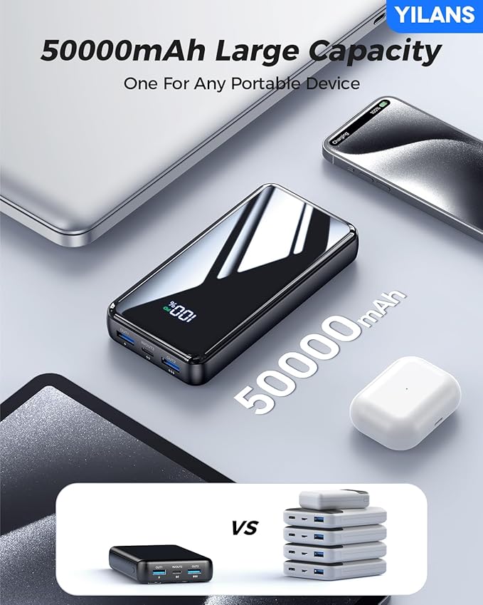 Portable Charger,50000mAh Power Bank Built-in Cable, 22.5W PD USB C In & Out Fast Charging, External Battery Pack with 6 Output & 2 Input, Travel Phone Charger for iPhone 17/16/15/14/13/12, Android