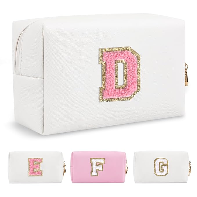 Personalized Makeup Bag Initial A-Z Preppy Patch Bag,Small PU Leather Travel Cosmetic Bag Pouch with Zipper,White Cute Toiletry Bag,Gift Ideal for Teen Girls Women Birthday Friend Mom,Letter D