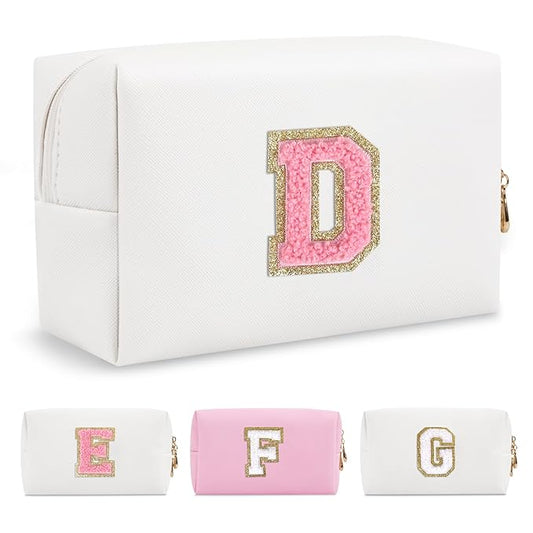 Personalized Makeup Bag Initial A-Z Preppy Patch Bag,Small PU Leather Travel Cosmetic Bag Pouch with Zipper,White Cute Toiletry Bag,Gift Ideal for Teen Girls Women Birthday Friend Mom,Letter D