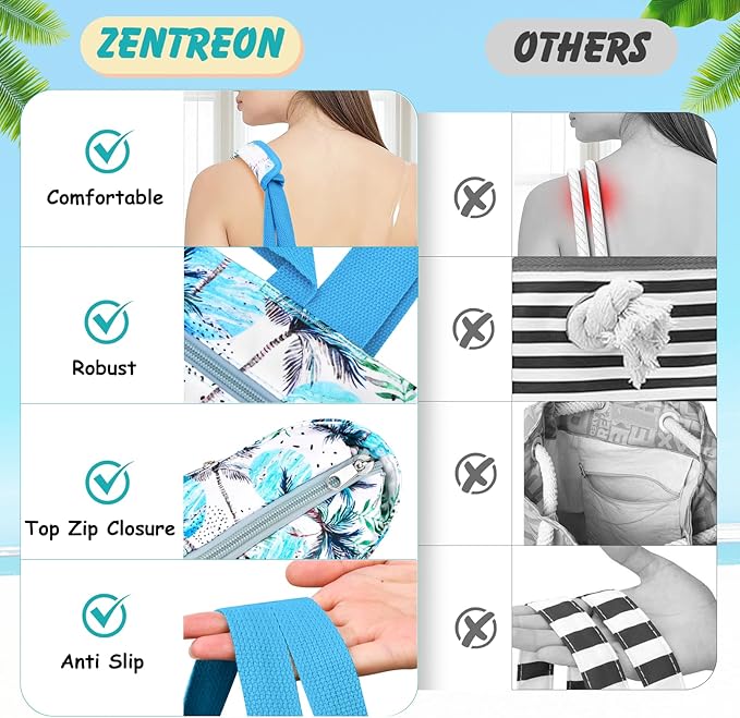 Extra Large Beach Bags for Women, Waterproof Sandproof Beach Tote Bag Zipper Foldable Swim Pool Bag with Wet Pocket