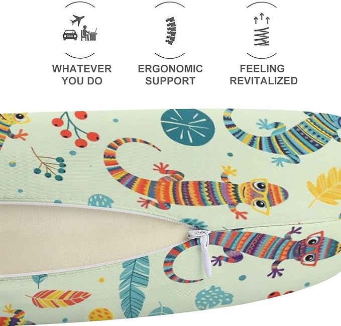 Cute Travel Neck Pillow Cartoon Lizard Memory Foam U Shaped Cushion, Washable Cover for Boys Girls Airplane Car School Nap