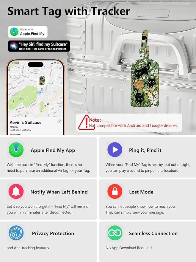 Luggage Tags Built-in Anti-Loss Tracker, Luxury Leather Luggage Tags for Suitcase, Travel Bags, Backpacks, Travel Organizer for Lost Baggage Prevention (Prairie Cat)