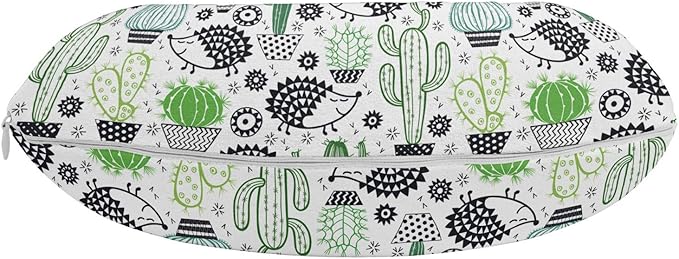 Ambesonne Cactus Travel Pillow Neck Rest, Cartoon Style Inspired Drawing of Hedgehog Animals Saguaro and Prickly Pear, Memory Foam Traveling Accessory for Airplane and Car, 12", White Green
