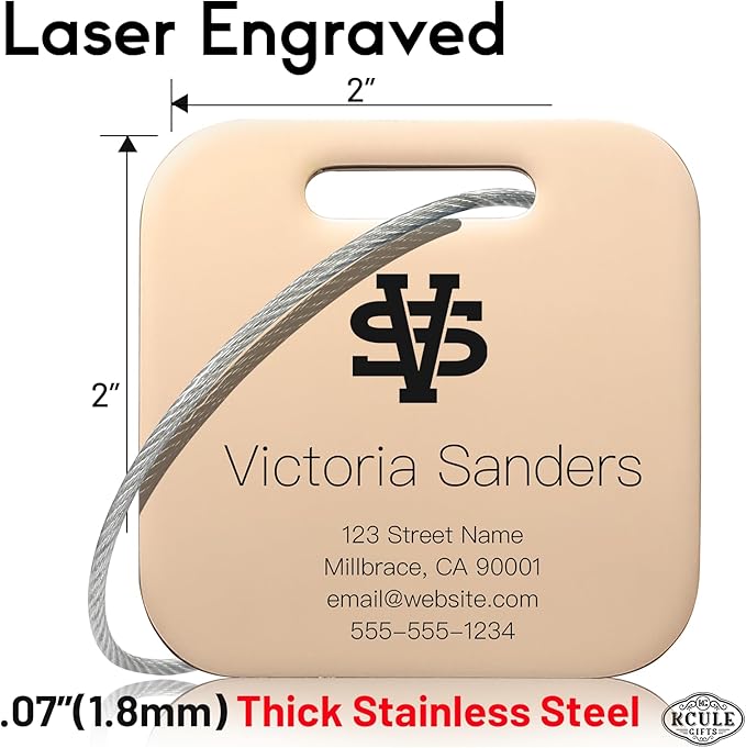 Personalized Luggage Tags for Suitcases - Stainless Steel Custom Luggage Tags for Backpacks & Bags, Sturdy, Waterproof & Heavy Duty (Rose Gold/Square)