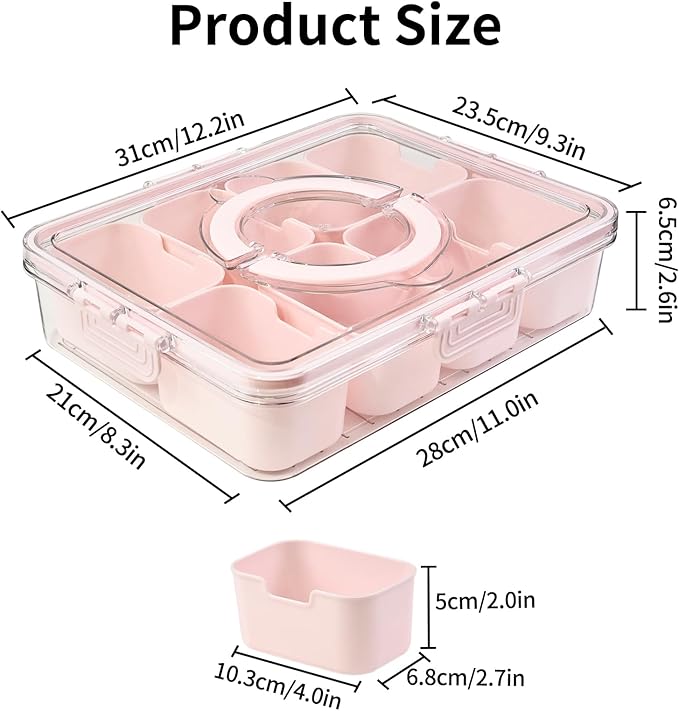 Yuroochii Snackle Box Container, Portable Snackle Box 8 Compartment Divided Serving Tray with Lid & Handle, Clear Snack Platter for Travel Candy Party Fruit Salad (Pink)