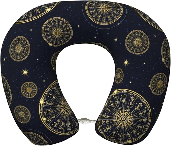 Travel Pillow Chin Neck Support, Comfortable Airplane Car Pillows for Rest, Memory Foam U Shaped Office Home Nap Sleeping Cushion Norse Gold Viking Vegvisir Runic Compass