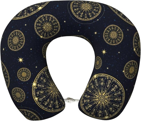 Travel Pillow Chin Neck Support, Comfortable Airplane Car Pillows for Rest, Memory Foam U Shaped Office Home Nap Sleeping Cushion Norse Gold Viking Vegvisir Runic Compass