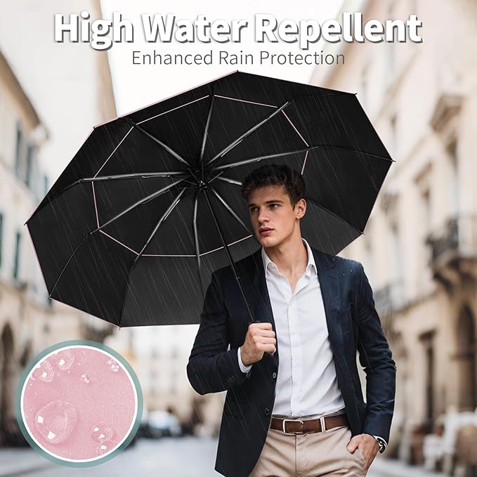 Seniny Travel Umbrella with Carabiner Handle, Windproof Large Umbrellas for Rain with Dual-Rib Structure, Portable Compact Umbrella with Reflective Strip, Car Backpack UV Umbrellas for Sun Protection