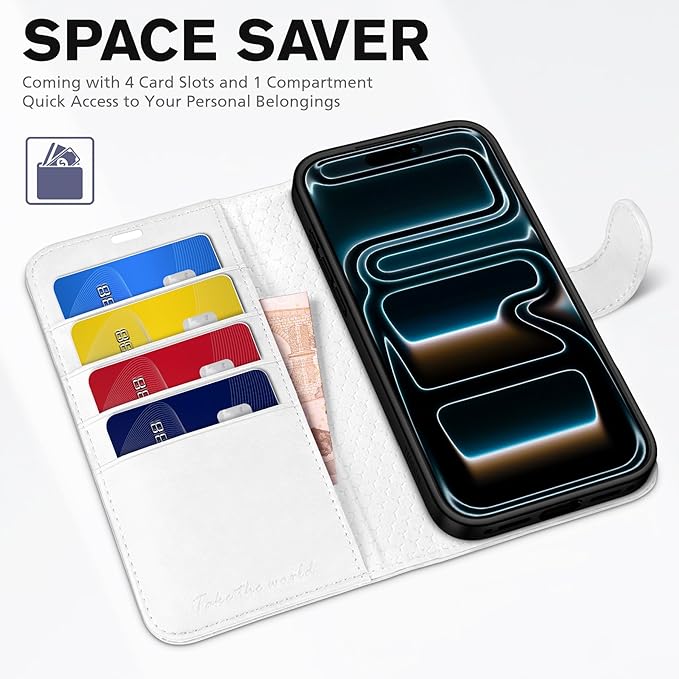TUCCH Wallet Case for iPhone 17 Pro (6.3") 2025, RFID Blocking 4 Card Holders | Kickstand | Shockproof TPU Shell | PU Leather | Magnetic Closure | Protective Flip Folio Cover | White