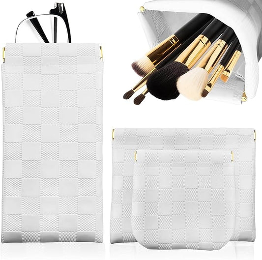 3PCS Small Makeup Bag for Women, Mini Cosmetic Bags Leather Pocket Pouch Purse,Snap Closure Waterproof Portable Bag,Checkered Storage Travel Bag for Lipstick Change Glasses Coin Cards (White)