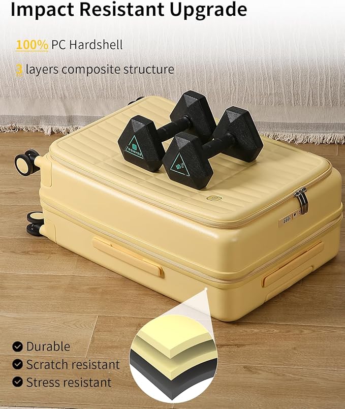 aji Expandable Top Open Carry On Luggage 22x14x9 Airline Approved, 20 Inch Hard Shell Carry On Suitcase with Spinner Wheels,Travel Small Luggage for Women Men,Cheese Yellow