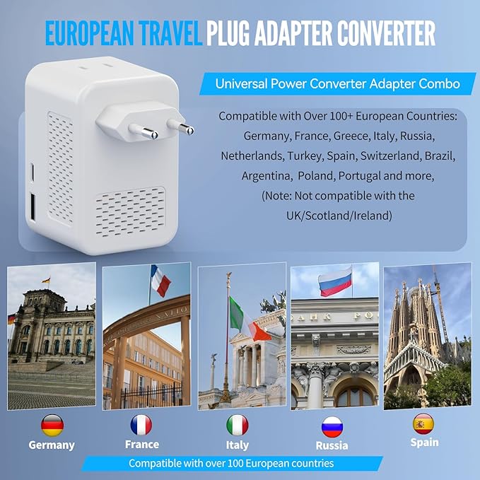 220V to 110V Voltage Converter US to Europe Travel, Adapter Plug Converter for European Travel with 20W PD & 2 USB-A & 2 USB-C Port, European Power Converter Combo USA to Spain Italy France (White)