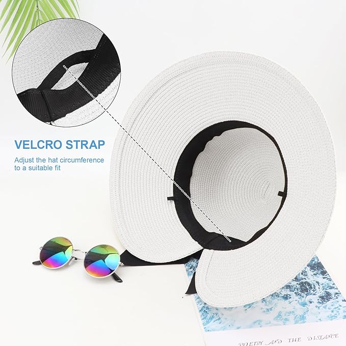 DRESHOW Sun Hats for Women Travel Fedora Foldable Beach Sun Hat Summer Wide Brim Straw Bucket Hat with Bowknot UPF 50+