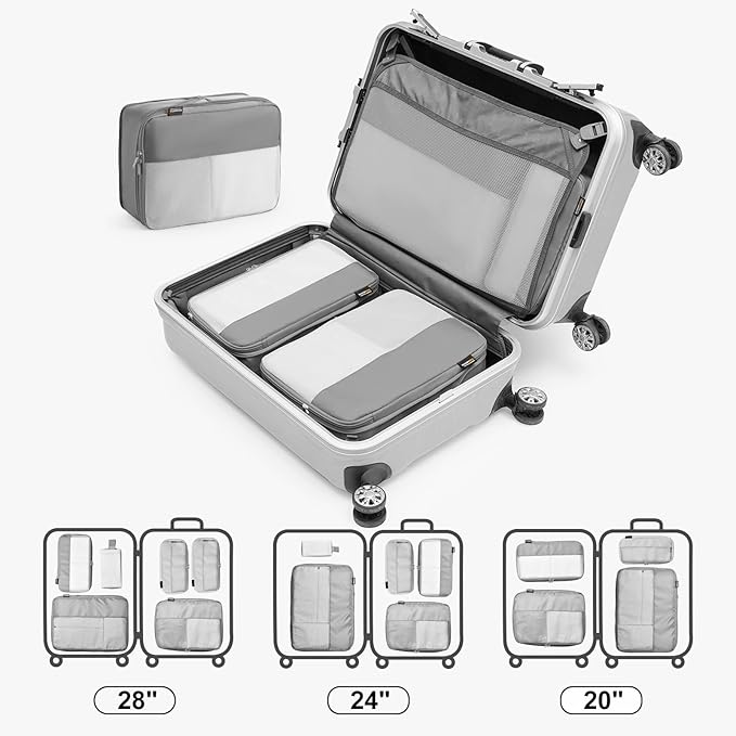 6 Set Compression Packing Cubes for Travel Essentials, Luggage Organizers for Suitcases (Silver)