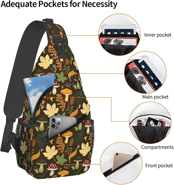 Botanical Mushroom Sling Backpack Crossbody Bag Casual Chest Bags Travel Hiking Daypack Shoulder Bag for Women Men