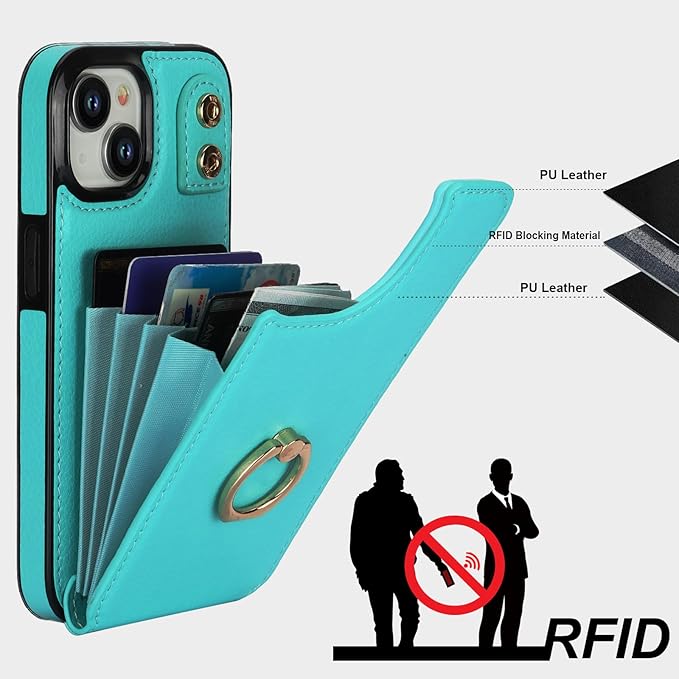 Folosu Compatible with iPhone 15 Case Wallet with Card Holder, 360°Rotation Finger Ring Holder Kickstand, RFID Blocking Leather Protective Double Buttons Shockproof Cover 6.1 Inch Green