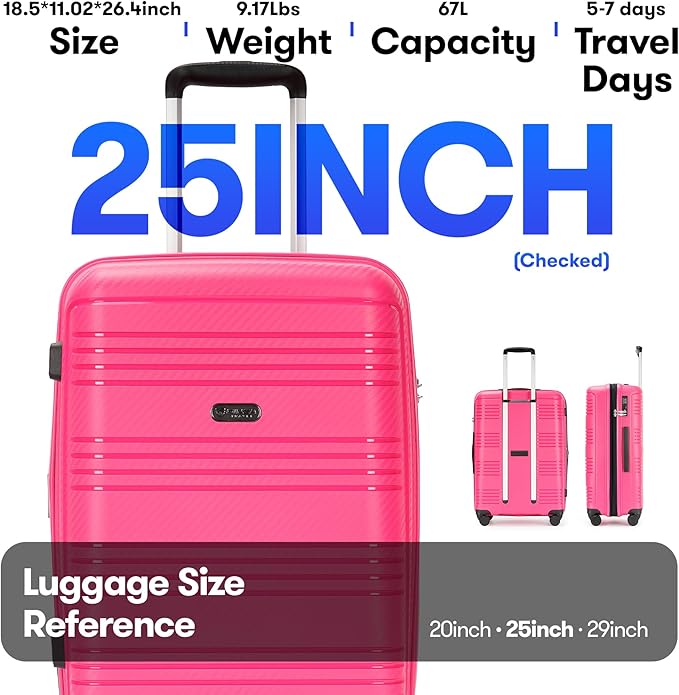 GinzaTravel 25 Inch Hardside Checked Luggage Large Lightweight Suitcase with Spinner Wheels TSA Lock, Checked-Medium 25-Inch, Dark Pink