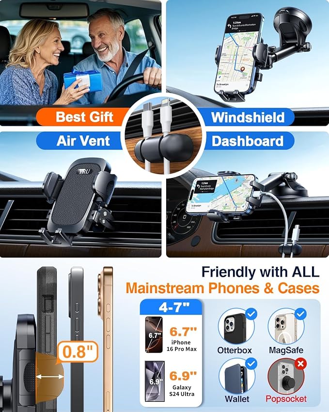 YRU True Military-Grade [360° Rotation Suction] 2025 Ultimate Car Phone Holder Mount 【90+LBS Safest Strongest & Patent Certs】 Dashboard Windshield Vent for iPhone 17 16 Pro Max Samsung, Jet Black