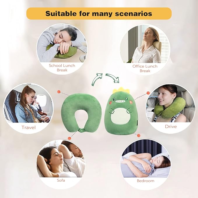 Kids Travel Pillow - 2-in-1 Deformable Kids Neck Pillow for Traveling, Soft U-Shaped Pillow with Adorable Animal Design, Comfy Sleep and Play, Ideal for Airplanes Travel - Dinosaur