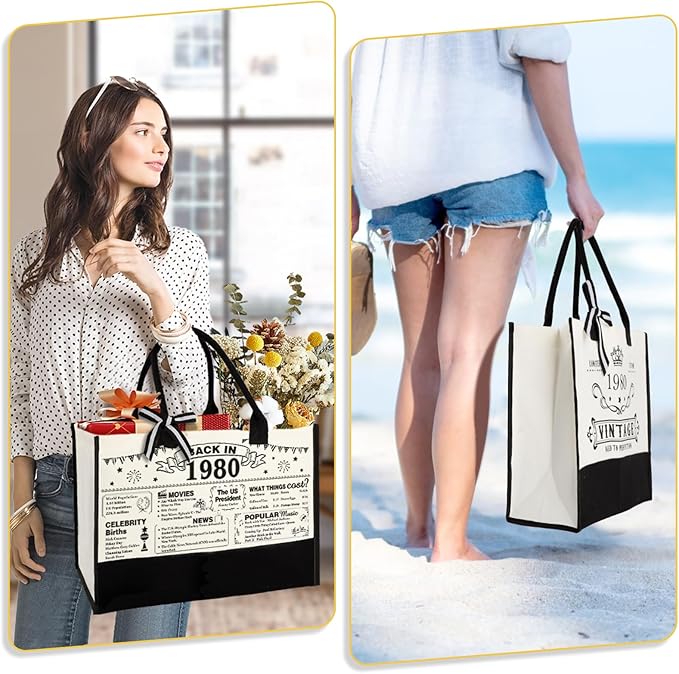 45th Birthday Gifts for Women Canvas Tote Bag Travel Gear, Unique 45 Years Old Birthday Gifts for Mom Wife Aunt Friends Her, Vintage 1980 Handbag & Cosmetic Bag & Back in 1980 Poster