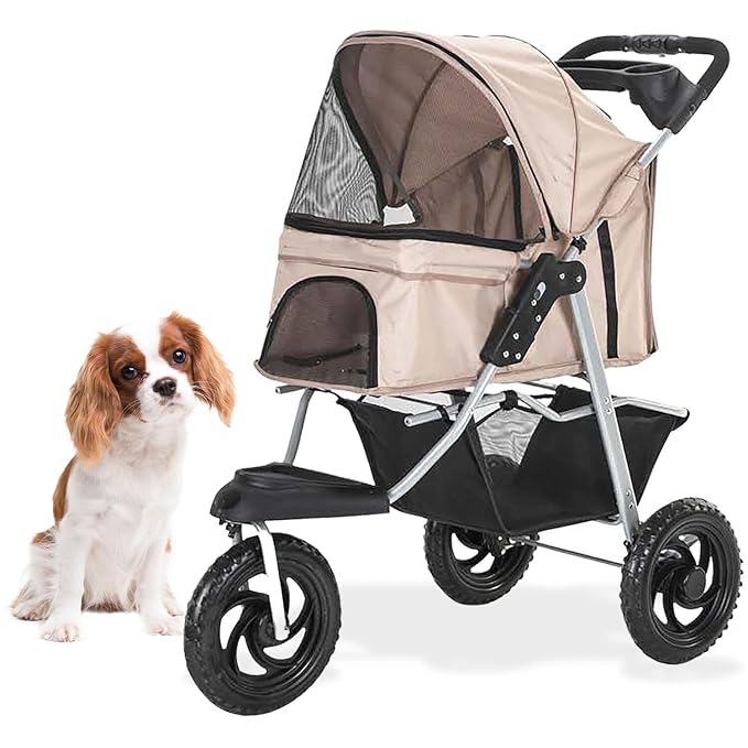 Critter Sitters 3-Wheel Jogging Dog Stroller with Storage Basket and Cup Holders, Modern and Stylish Pet Stroller for Medium to Large Pets up to 55 Pounds, Tan