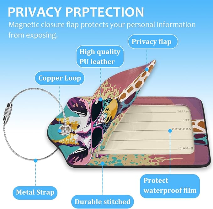 2 Pack Luggage Tag for Suitcase,Cute Giraffe Luggage Tag with PU Leather Privacy Cover ID Label & Stainless Steel Loop for Women Men Travel Bag Suitcase