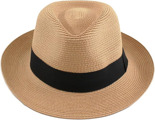 Unisex Panama Straw Hat Summer Foldable Beach Fedora UV Sun Protection for Women Outdoor Travel
