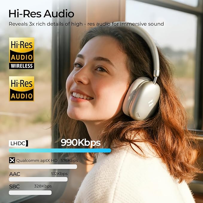 havit Space S1 Hybrid Adaptive Active Noise Cancelling Headphones Wireless, Over Ear Headphones, Bluetooth 6.0, 100H Playtime, LHDC Hi-Res Sound, Custom EQ via App, Travel, Office, Home, Gold