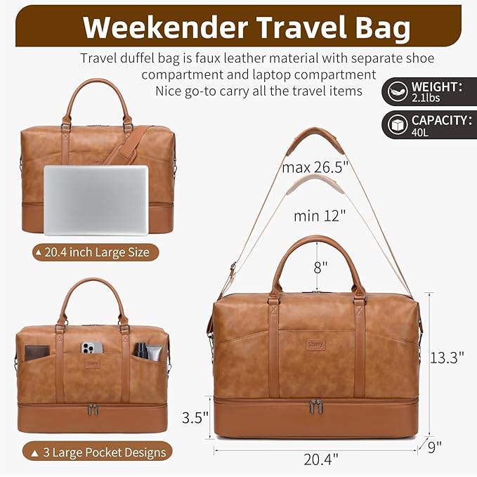 Weekender Bag, Large Travel Duffel Bag for Women, Carry on Overnight Bag with Shoe Compartment and Toiletry Bags