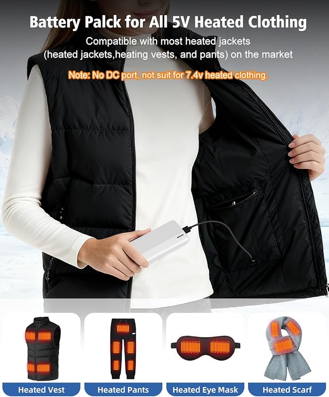 5V 2A Battery Pack Power Bank for Heated Vest, Heated Jackets, Heated Pants, 10000mAh Pocket Size Portable Charger for Heated Clothing, USB Heated Blankets, Heated Coats. (White)