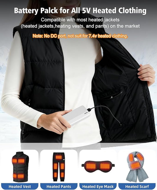 5V 2A Battery Pack Power Bank for Heated Vest, Heated Jackets, Heated Pants, 10000mAh Pocket Size Portable Charger for Heated Clothing, USB Heated Blankets, Heated Coats. (White)
