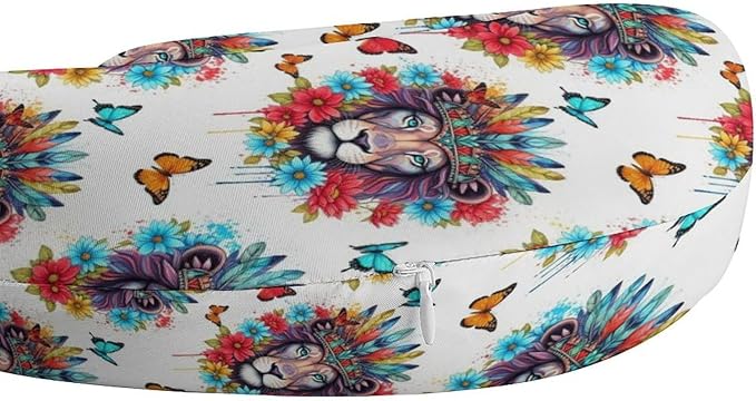 Pain Relief Travel Pillow Memory Foam Chin Support Colorful Lion Flowers Floral, Breathable Washable Cover for Airplane Car Office