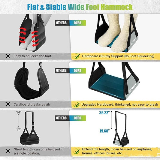 2-Pack Foot Hammock for Plane Travel, No Collapse Thickened Bamboo Airplane Foot Rest with Extended Adjustment Strap, Portable Desk Foot Hammock to Relax Your Feet, Foot Sling Travel Essentials(Grey)