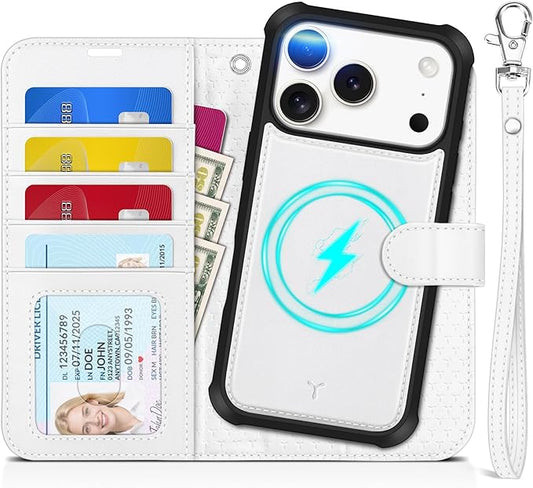 TUCCH 2-in-1 Detachable Wallet Case for iPhone 17 Pro (6.3-inch) 2025, Wireless Charging | RFID Blocking 4 Card Holder | Wrist Strap | Kickstand | Magnetic | PU Leather | Protective Flip Cover | White