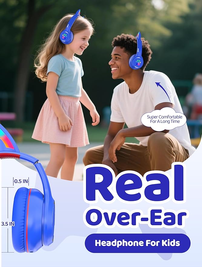 MIDOLA Kids Headphones Cat Ear Wireless Bluetooth 5.3 60H Over Ear, 8H with Led Light Foldable Headset with Aux 3.5mm Mic for Travel Pad Tablet Blue