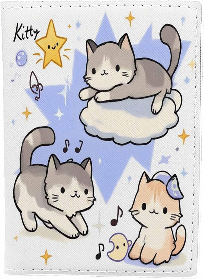 Kitten Passport Holder for Travel Music Cat Star PU Leather Passport Cover Wallet Cute Passport Card Holder for Women and Men