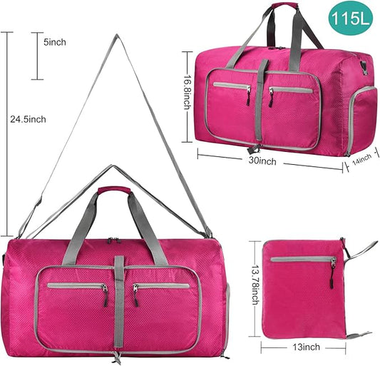 Dimayar Travel Duffle Bag for Men Women - Foldable Duffel Bag with Shoes Compartment - Overnight Bags Waterproof & Tear Resistant(115L,Fuchsine)