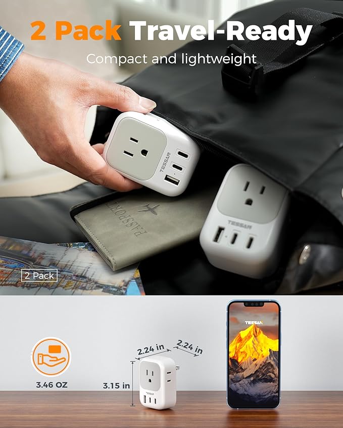 2 Prong to 3 Prong Outlet Adapter, TESSAN US to Japan Plug Adapter 2 Pack with 4 Outlets 3 USB (2 USB-C), Outlet Adaptor US to Japan China Mexico Philippines Canada Peru Thailand Vietnam