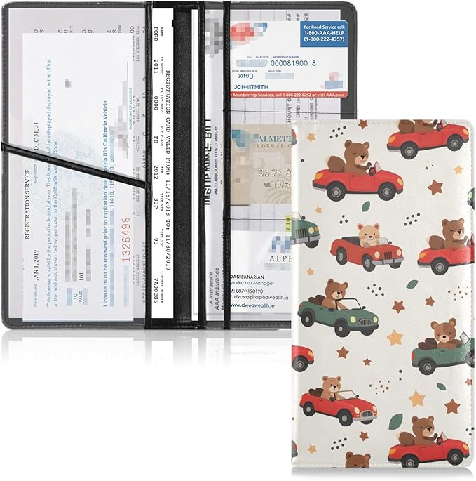 Bolaz Car Bear Car Registration and Insurance Holder Leather Vehicle Document Glove Box Organizer for License Cards Accessories