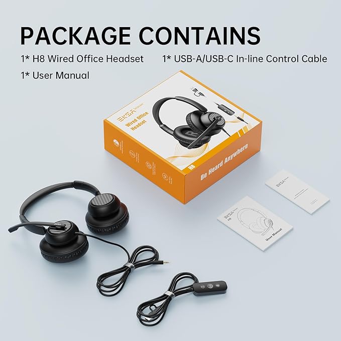 EKSA H8 USB Headset with Microphone for Work, Stereo Wired Computer Headphones with Mic Noise Cancelling, in Line Controls, 3.5mm Jack USB-C/A Over-Ear Headset for PC Laptop Office Call Center Teams