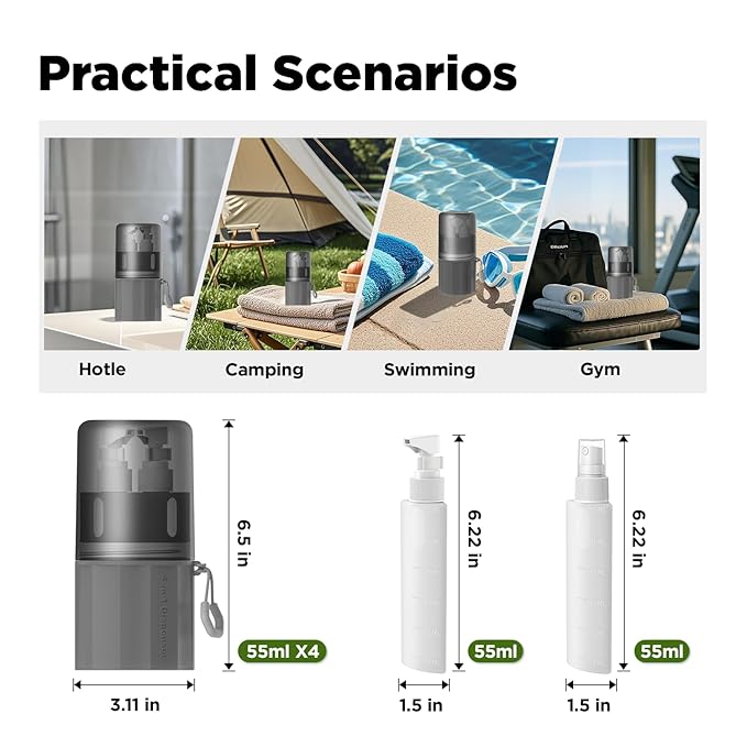 YOTIME 4in1 Travel Bottles with Suction Cup, TSA Approved Leak Proof Travel Size Containers for Toiletries, Refillable Travel Accessories for Shampoo, Body Wash and Conditioner, Gray