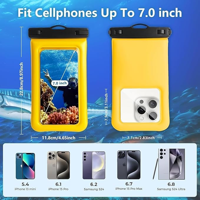 Floatable Soap Bubble Waterproof Phone Pouch/Case with Crossbody Lanyard for iPhone 17 16 Pro Max/15 Pro/14/13/12, IP68 Cellphone Dry Bag Beach Cruise Ship Essentials, 1 Pack-Yellow-7″