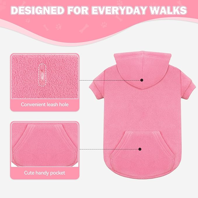 Dog Sweaters for Small Dogs,Dog Hoodies,Warm Fleece Sweatshirt with Hood & Pocket,Leash Hole,Cozy Cold Weather Puppy Clothes Pet Sweater for Small Dogs(Pink,S)